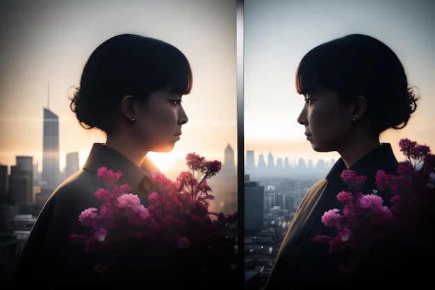 A split-screen image portraying two contrasting scenarios from a K-Drama. On one side, a character is shown in a moment of despair, symbolizing internal conflict. On the other side, the same character is seen smiling brightly, representing hope and resilience. The lighting highlights the emotional contrast, with darker tones on the despair side and brighter tones on the hope side.