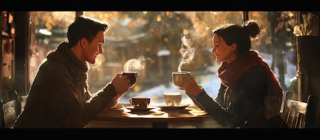A still from a romantic comedy K-drama showing a couple laughing together in a brightly lit coffee shop. The atmosphere is cheerful and inviting.