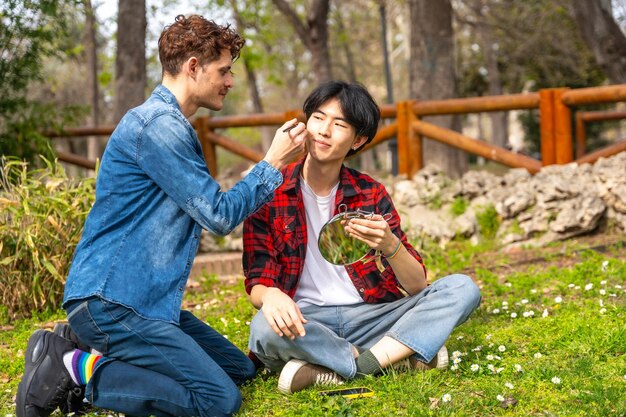 Park Seo-joon on the set of a K-drama, smiling warmly while interacting with the crew. The atmosphere is relaxed and friendly.
