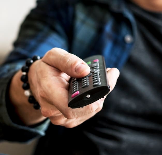 A close-up shot of a person's hand holding a Roku remote, highlighting the user-friendly interface on the TV screen in the background. The image emphasizes the simplicity and accessibility of Roku devices for an average US household.