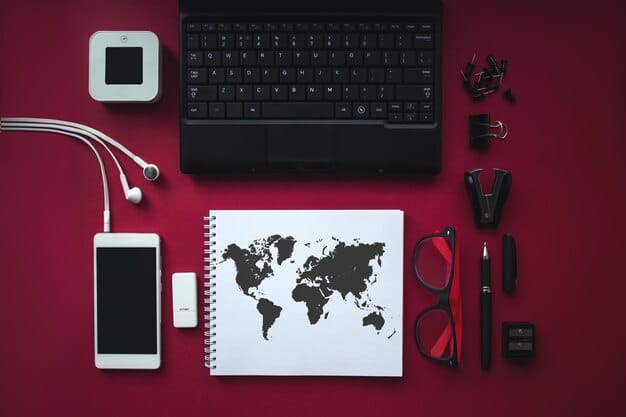 A world map with icons of various streaming devices (phones, tablets, laptops) placed on different countries, symbolizing global access to content. The map is vibrant with each device displaying a unique show from that region.