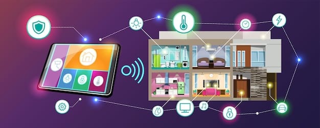 A visually engaging infographic showing a network diagram of a home with various devices (smart TV, laptop, tablet, smartphone) connected to a router. Arrows indicate data flow, with a shield icon on the router symbolizing network-level parental controls filtering content as it enters the home network. The infographic highlights features like website blocking, content filtering, and time management tools.
