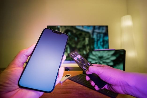 A high-resolution smart TV displaying a popular streaming app interface, surrounded by soft, adjustable ambient lighting, highlighting the focus on visual comfort.