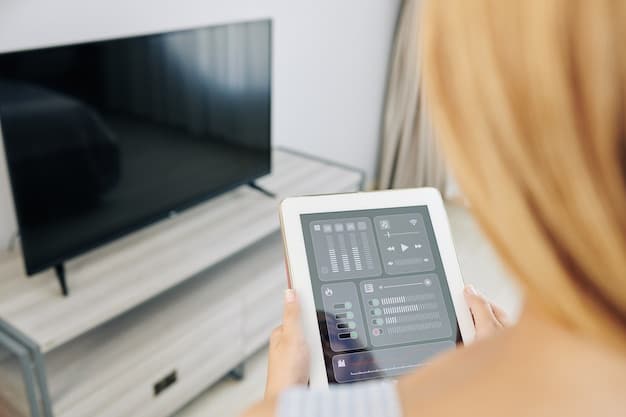 A close-up of a smart TV screen displaying a user interface with personalized content recommendations. The interface shows tailored suggestions for movies, TV shows, and documentaries based on the user's viewing habits and preferences, with options to rate and provide feedback on each recommendation.