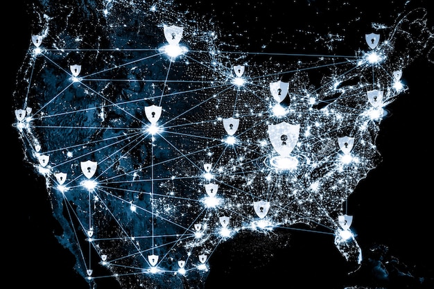A diagram illustrating how a VPN works in the US, with data traffic encrypted and routed through a secure server. The diagram shows a user connecting to a streaming service via a VPN, emphasizing the privacy and security benefits.