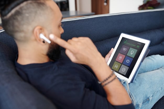 A person using a screen reader on a tablet to navigate a streaming app, with a focus on the tactile interaction and audio feedback.
