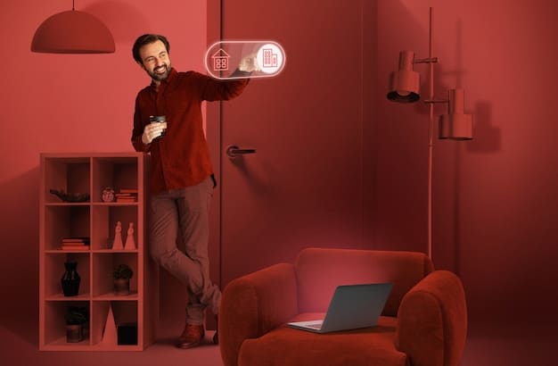 A person looking at a tablet with a puzzled expression, surrounded by digital icons representing different streaming services. The background is a modern living room.