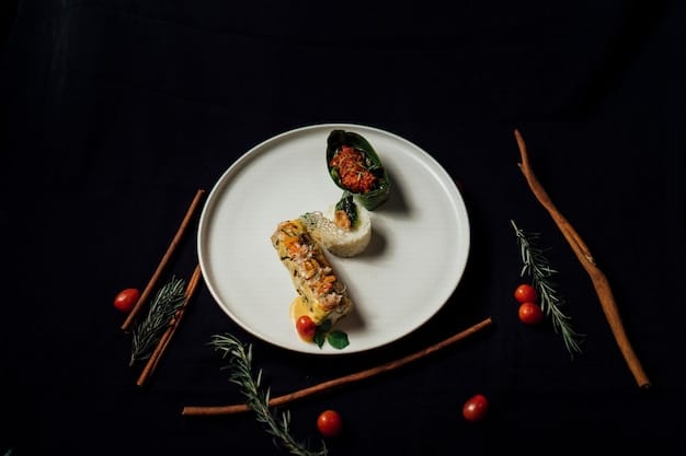 A close-up shot of a beautifully plated dish of Korean fusion cuisine in a high-end restaurant setting. The dish combines traditional Korean ingredients with modern culinary techniques, artistically arranged on a white plate.