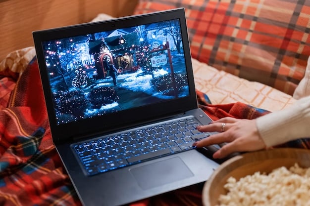 A close-up shot of a laptop screen showing a popular Korean drama streaming on Netflix, with subtitles visible at the bottom. The backdrop includes a cozy living room setting with a person relaxing on a couch, highlighting the accessibility and comfort of watching K-dramas at home.