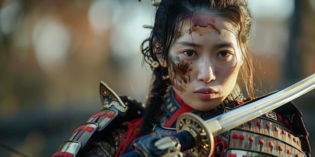 Fanmade poster depicting Jun Ji Hyun as a fierce warrior in a historical drama, complete with traditional Korean armor and weaponry.