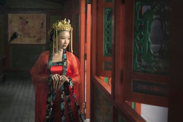 Seo Ye Ji in traditional Korean attire, portraying a historical figure in a palace setting, with intricate hair ornaments and a stoic expression.