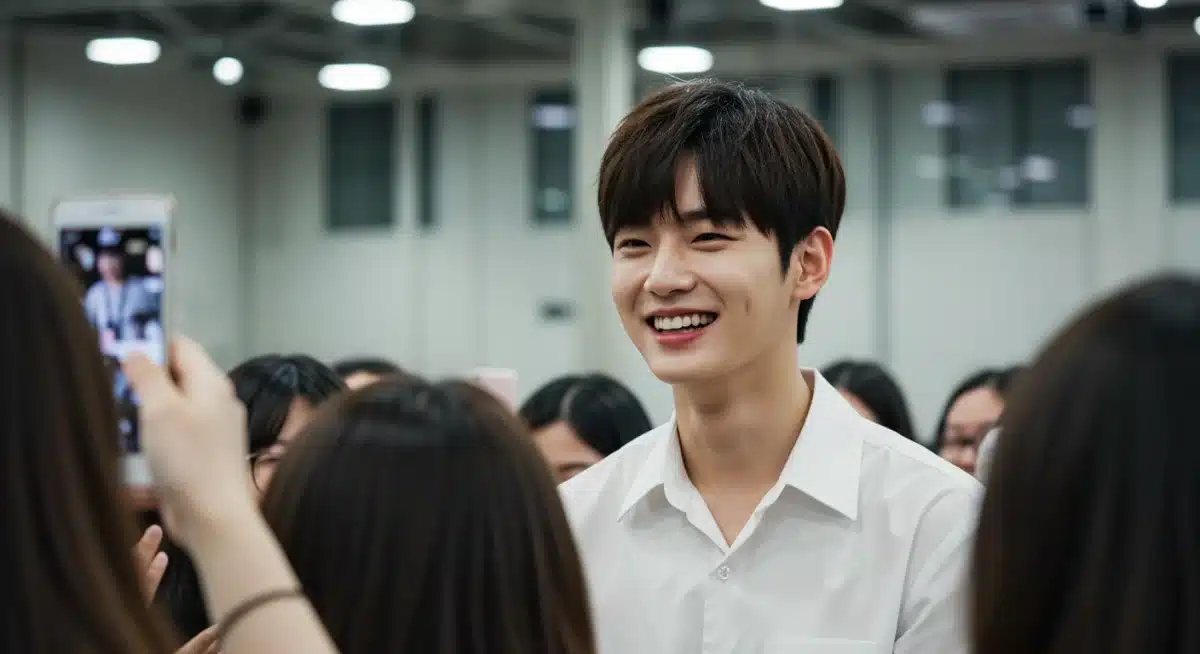 Young Korean actor engaging with fans at a fan meet, showcasing his popularity.