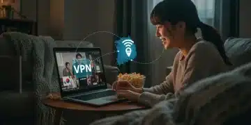 Woman watching K-Drama on a laptop with VPN enabled in the US