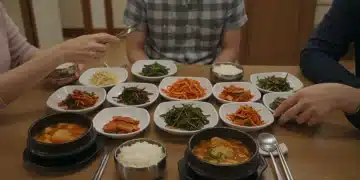 Korean dining table with traditional dishes and people practicing etiquette.
