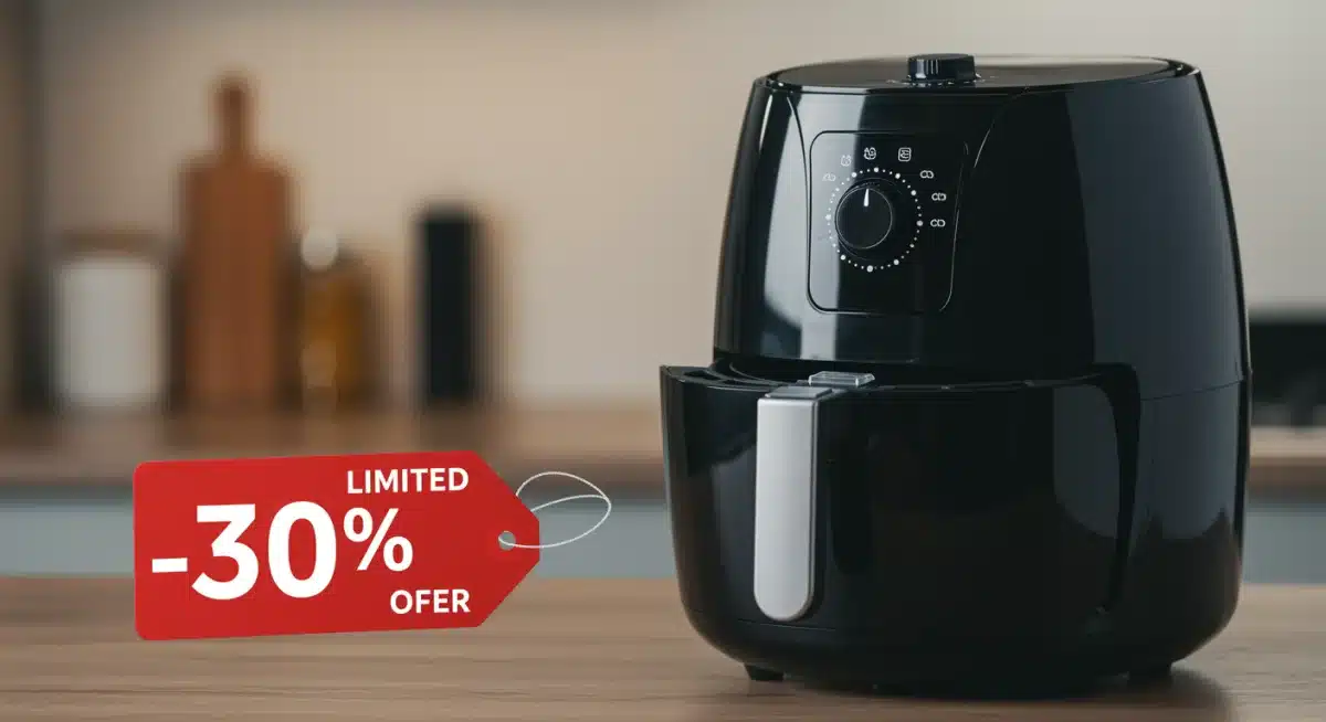 Air fryer moderna com selo de desconto em promoção relâmpago de eletroportáteis.