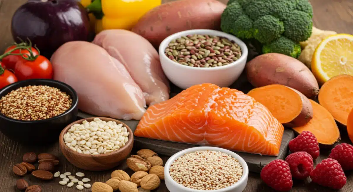 Alimentos ricos em nutrientes essenciais para a recuperação muscular e energética de atletas, incluindo proteínas, carboidratos e vitaminas.