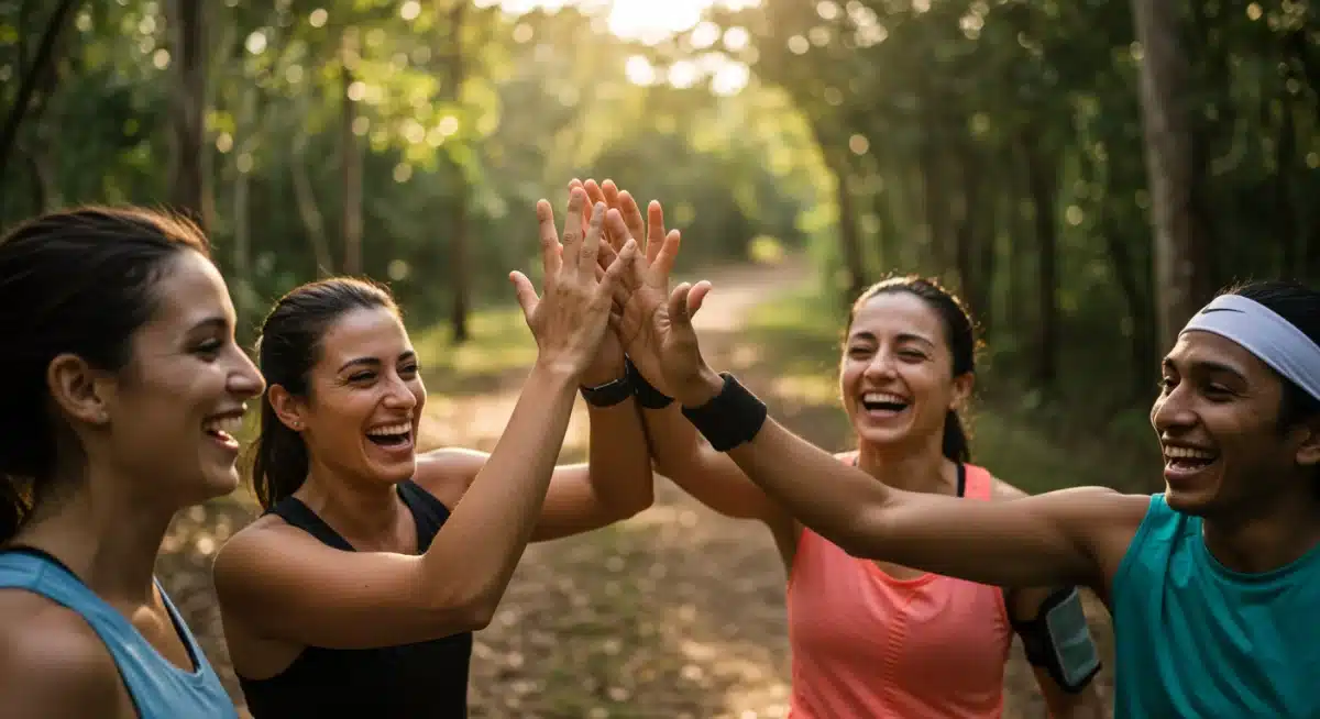 Atletas celebrando o fim de uma trilha em parque nacional