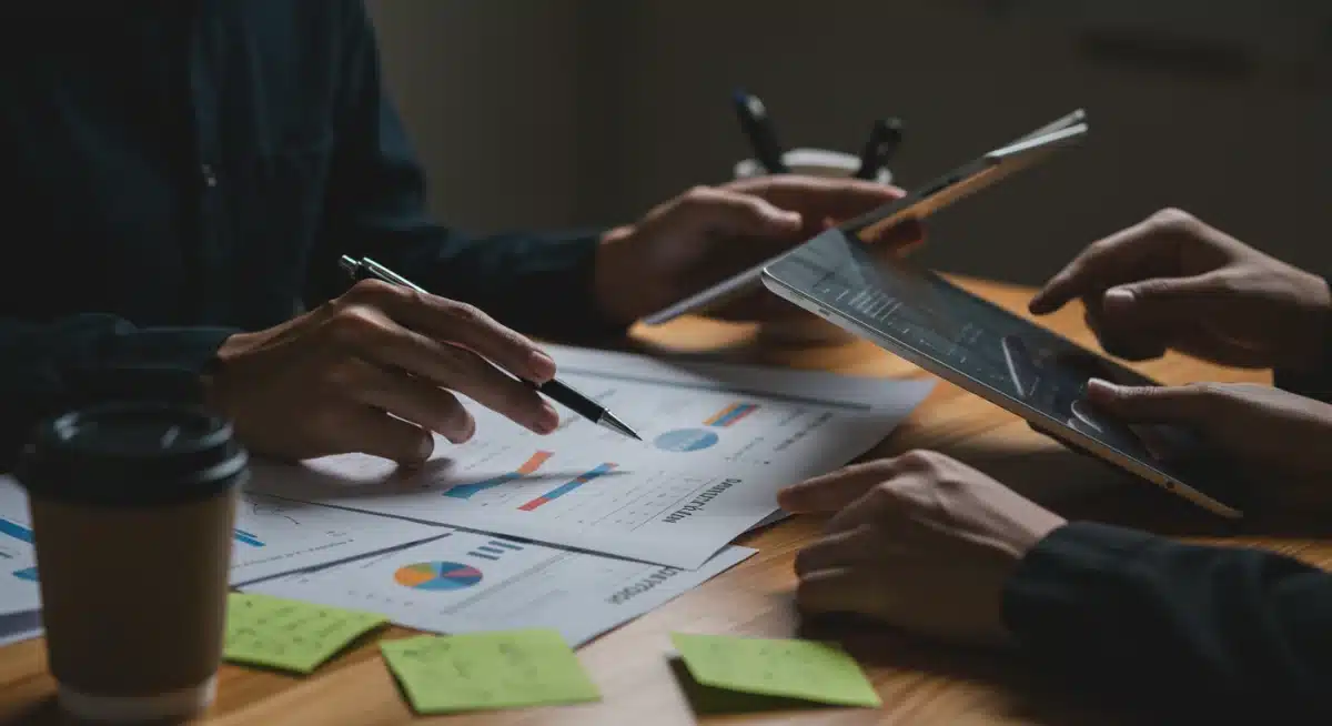 Mãos analisando documentos e tablets, simbolizando planejamento detalhado para um edital.