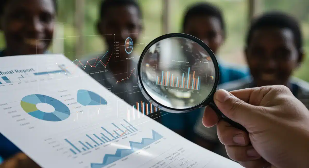 Mão segurando lupa sobre relatório de dados, analisando métricas de impacto social.