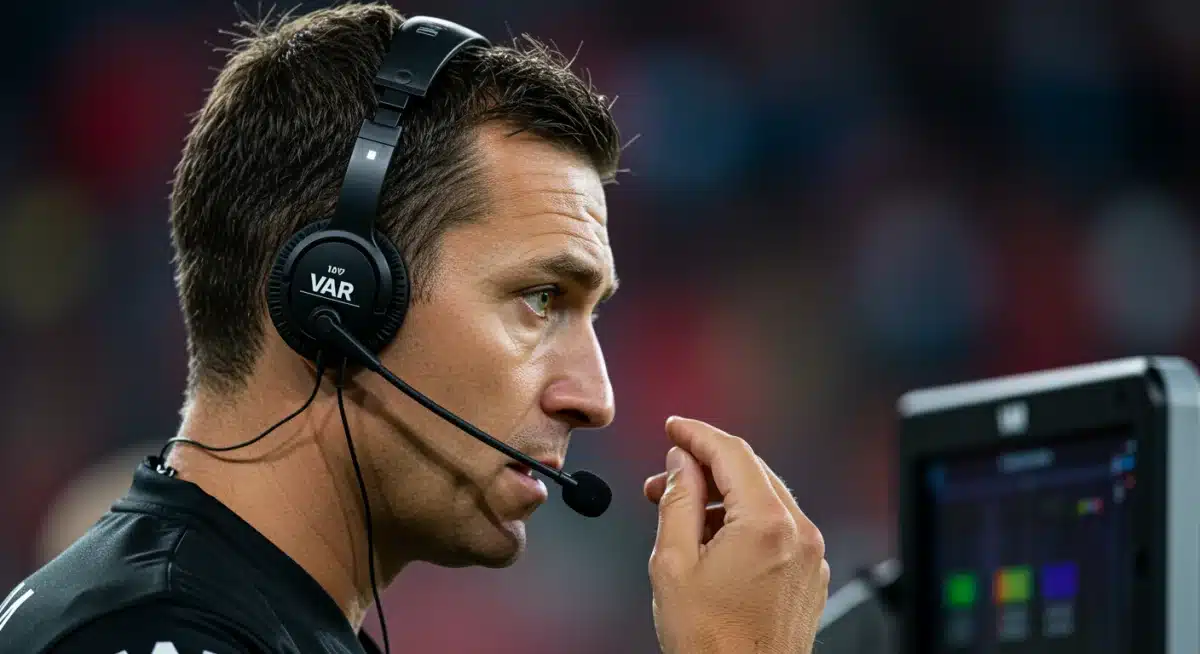 Árbitro com fone de ouvido concentrado na comunicação via VAR durante revisão de jogada.