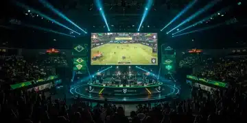 Arena de e-Sports vibrante no Brasil, com jogadores em competição e público entusiasmado, representando o crescimento do cenário.