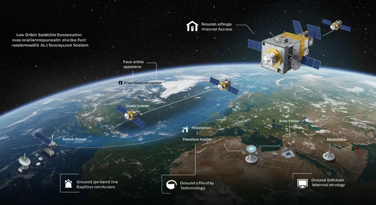 Diagrama de constelação de satélites de baixa órbita e estações terrestres, ilustrando a cobertura global de internet.