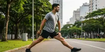 Atleta amador brasileiro alongando-se antes de correr em um parque ensolarado, demonstrando preparação física e prevenção de lesões no esporte.