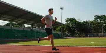 Atleta amador brasileiro correndo em pista, simbolizando otimização de desempenho e foco.