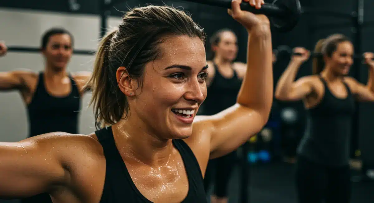 Atleta feminina com expressão de foco e determinação durante o treino em academia, representando a força e resiliência no esporte.