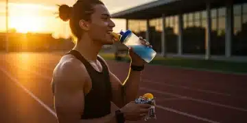 Atleta se recuperando com nutrição esportiva após treino intenso, simbolizando a importância da alimentação na performance.