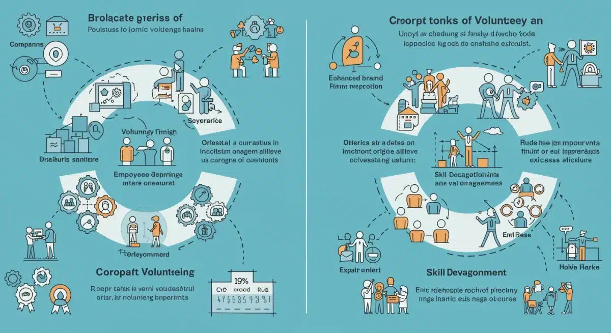 Infográfico detalhando os benefícios mútuos do voluntariado corporativo para empresas e projetos sociais.