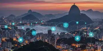 Representação digital futurista de uma cidade brasileira conectada por tecnologia blockchain