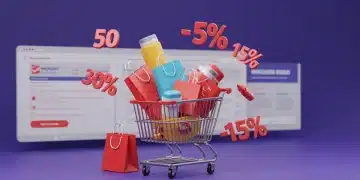 Carrinho de compras online com produtos e tags de descontos progressivos, ilustrando economia em compras.
