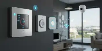 Casa inteligente futurista com dispositivos IoT integrados, como termostato e iluminação automatizada, simbolizando a otimização de operações em 2025.