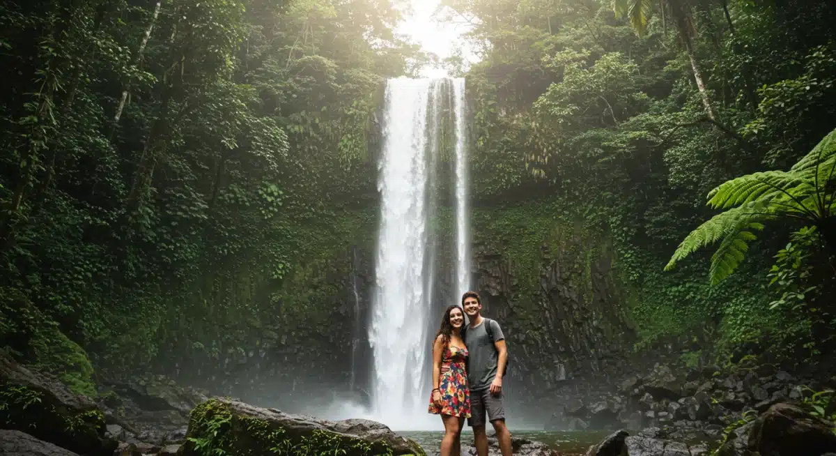 Casal explorando uma cachoeira em um parque nacional brasileiro, simbolizando aventura e natureza.