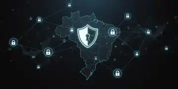 Rede complexa de cibersegurança com escudo digital protegendo dados no Brasil contra ameaças avançadas.