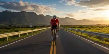 Ciclista em bicicleta de estrada moderna pedalando em uma estrada panorâmica no Brasil ao nascer do sol, com equipamentos de segurança.