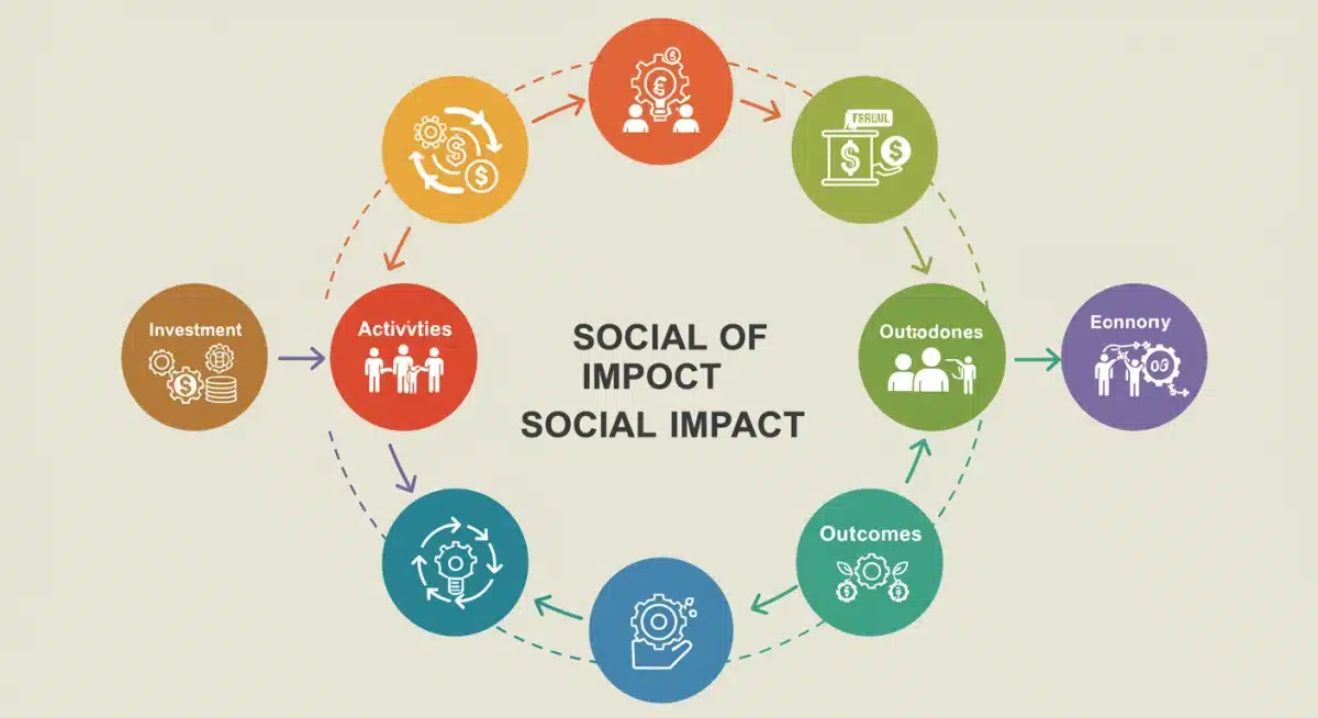 Infográfico ilustrando o ciclo de medição e análise do impacto social de um projeto.