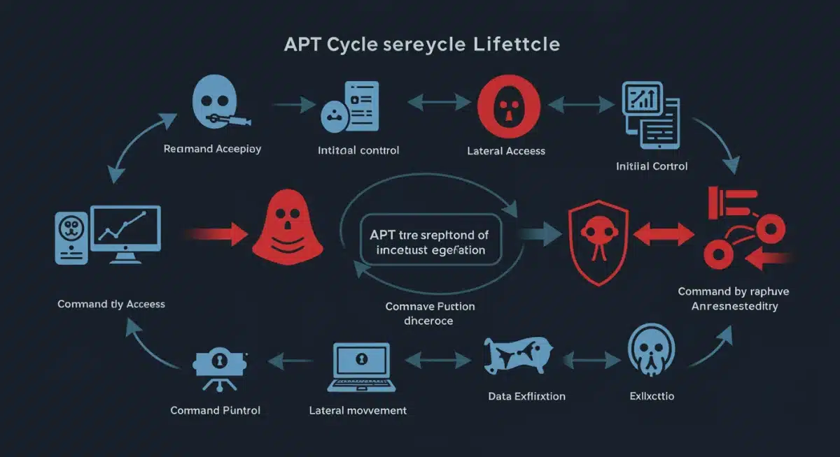 Infográfico detalhado sobre o ciclo de vida de um ataque APT, ilustrando suas fases de forma clara e visual.