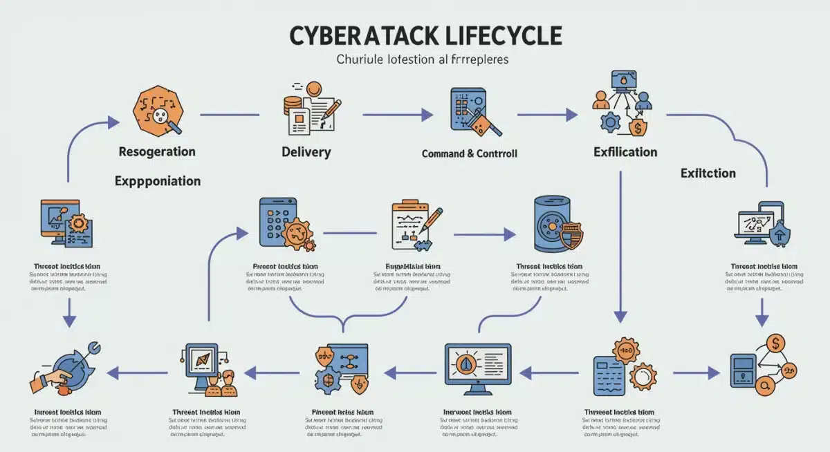 Infográfico detalhado sobre o ciclo de vida de um ataque cibernético e as fases de defesa com inteligência de ameaças.