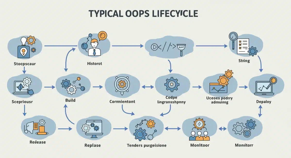 Infográfico detalhado do ciclo de vida DevOps, ilustrando as fases de planejamento, desenvolvimento, teste, entrega e monitoramento.