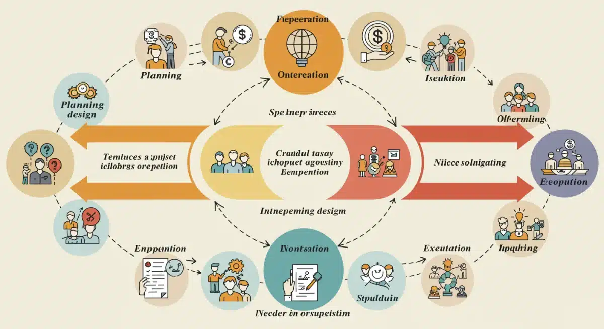 Infográfico detalhado ilustrando as fases do ciclo de vida de um projeto social, do planejamento à avaliação.