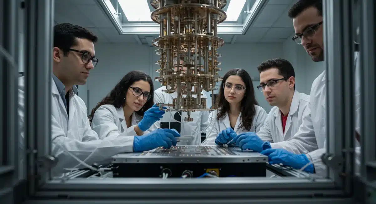 Cientistas brasileiros colaborando em laboratório de alta tecnologia, focados em equipamentos de computação quântica, simbolizando pesquisa e desenvolvimento nacional.