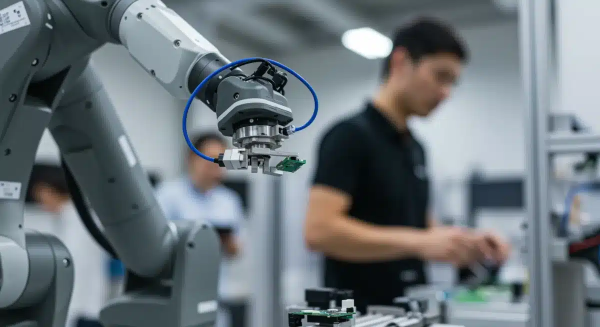 Close-up de um cobot realizando tarefa de montagem de componentes eletrônicos em linha de produção.