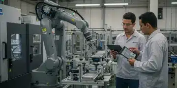 Robô colaborativo (cobot) e trabalhador humano operando juntos em linha de produção industrial no Brasil.