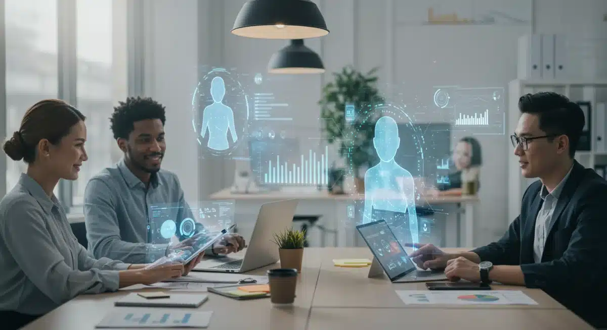 Equipe de funcionários colaborando com assistentes virtuais em um escritório moderno e iluminado.