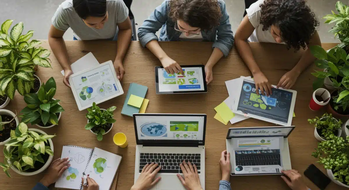 Jovens diversos trabalhando juntos em um projeto digital com tecnologia e elementos naturais, simbolizando a educação e a sustentabilidade em projetos sociais.