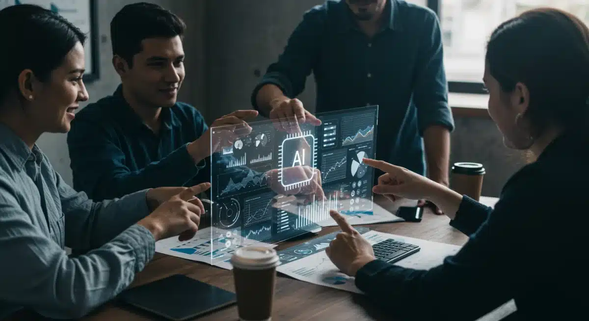Profissionais colaborando com inteligência artificial para decisões estratégicas de negócios.