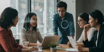 Pessoas colaborando em um projeto social com gráficos digitais de impacto e métricas em 2025.