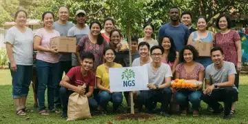Pessoas diversas colaborando em um projeto social comunitário, simbolizando o impacto e a união das ONGs.